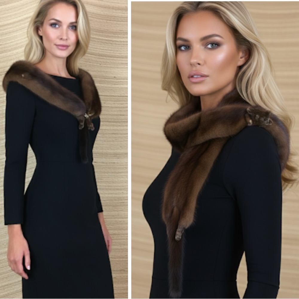 Elegant Brown Mink Fur Collar Vintage Pelt Fur Wrap Scarf Stole Boa